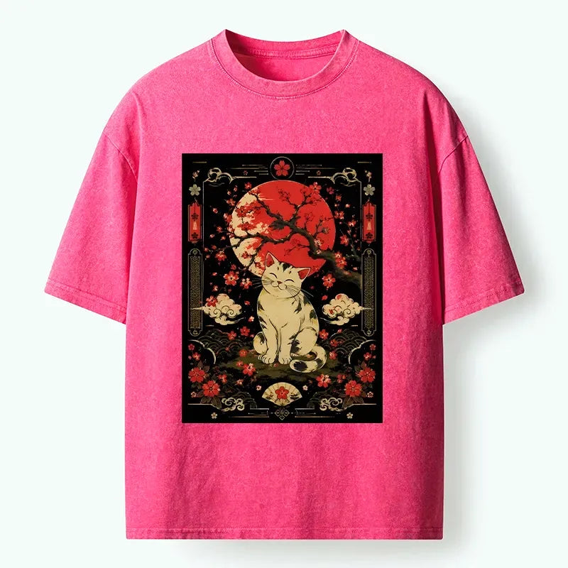 Kyoto-Lion Japanese Style Cat And Sakura Print Washed T-Shirt