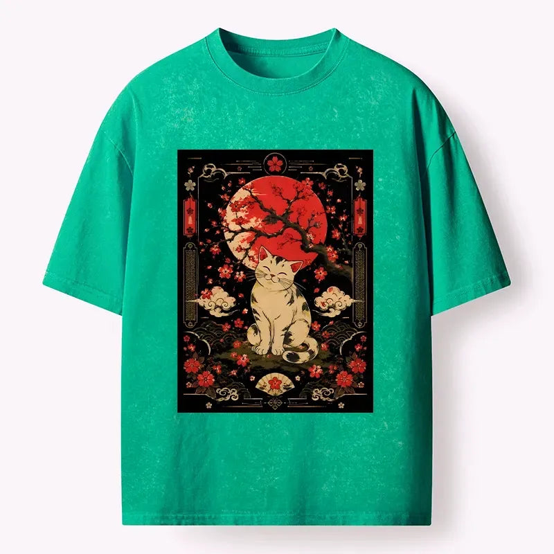 Kyoto-Lion Japanese Style Cat And Sakura Print Washed T-Shirt