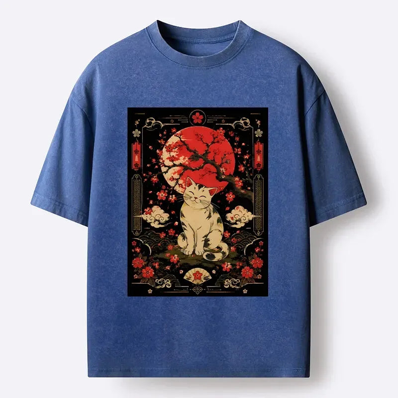 Kyoto-Lion Japanese Style Cat And Sakura Print Washed T-Shirt