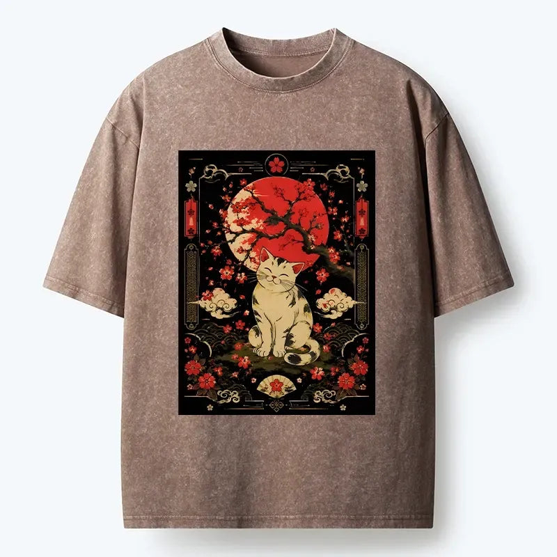 Cat And Sakura Print Tee On Sale
