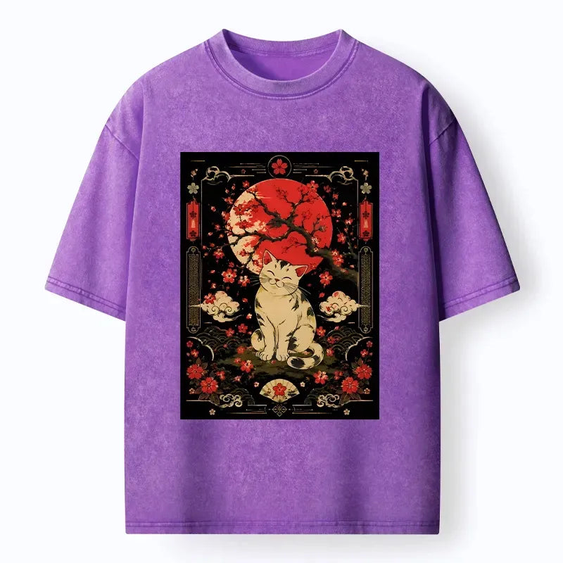 Japanese Cat Sakura Print T-Shirt Best Seller