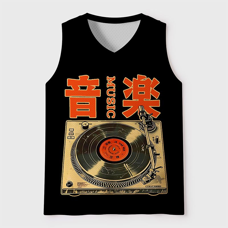 Kyoto-Lion Retro Music Record Player Mesh Tank Top