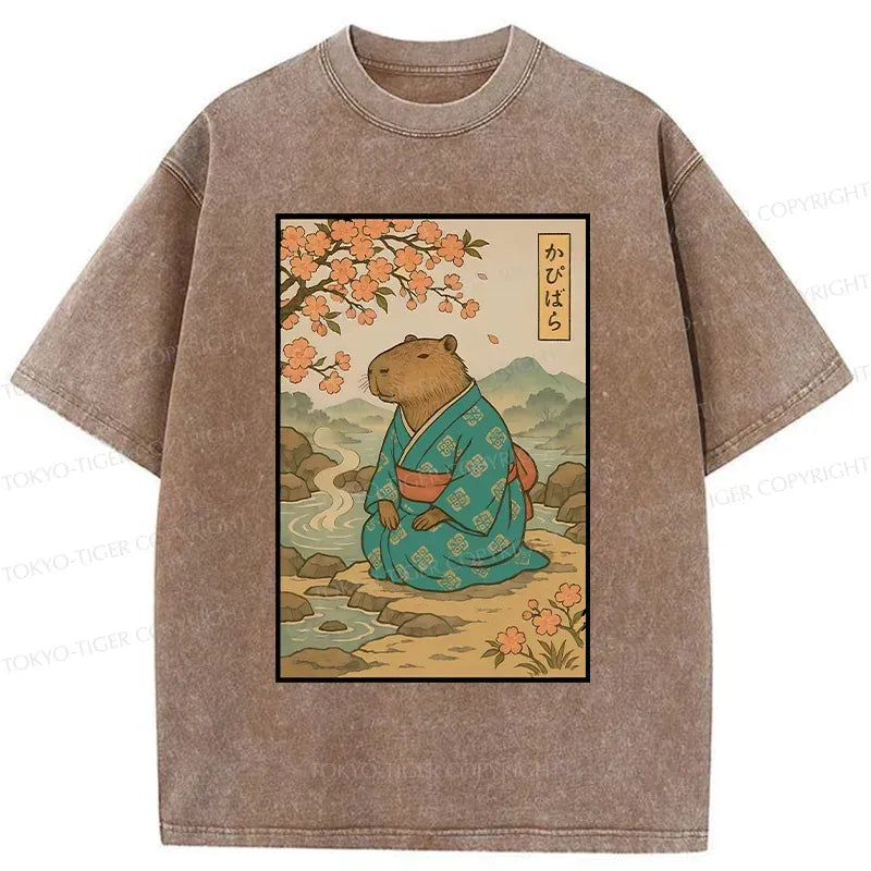 Kyoto-Lion Japanese Capybara Funny Poster Washed T-Shirt