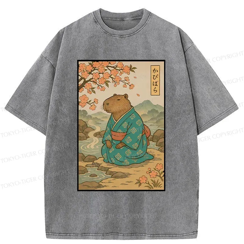 Kyoto-Lion Japanese Capybara Funny Poster Washed T-Shirt