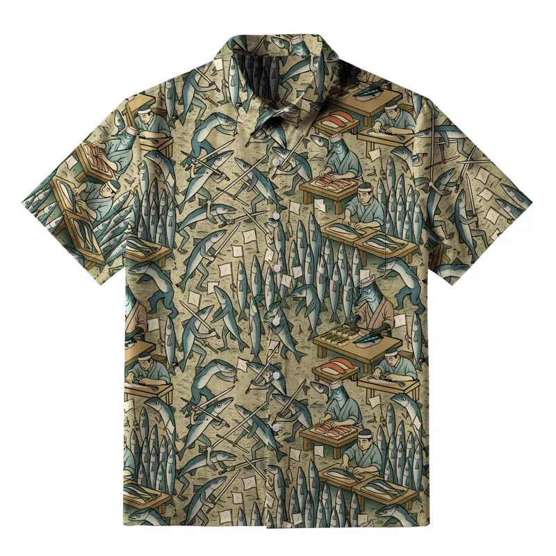 Kyoto-Lion Funny Sushi Making Button-up Shirt