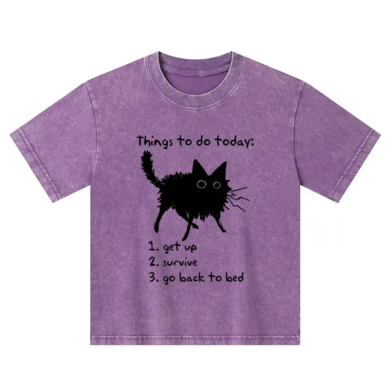Kyoto-Lion Lazy Cat Survive Day Funny Meme Kids Washed T-Shirt