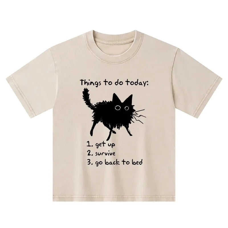 Kyoto-Lion Lazy Cat Survive Day Funny Meme Kids Washed T-Shirt