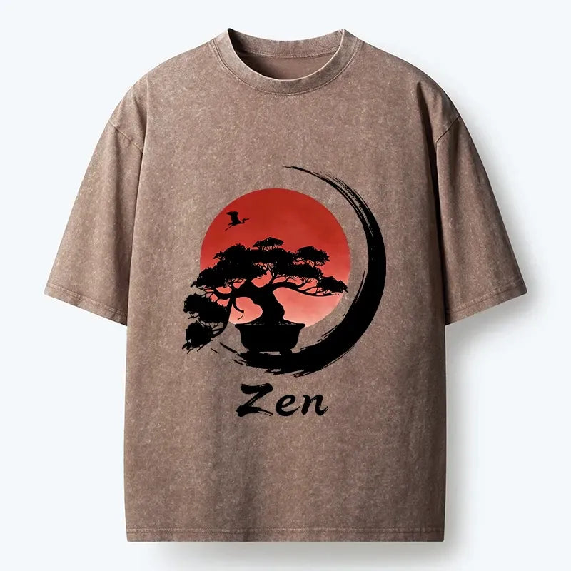 Kyoto-Lion Zen Bonsai Peaceful Retreat Washed T-Shirt
