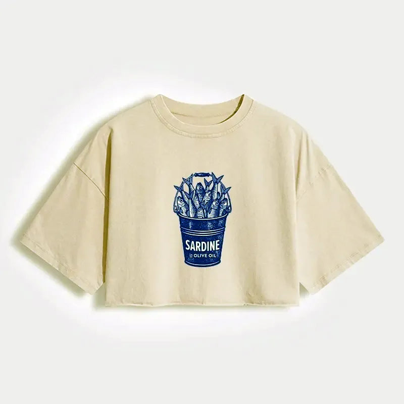Kyoto-Lion Vintage Bucket Full Of Fresh Sardines Women's Washed Crop T-Shirt