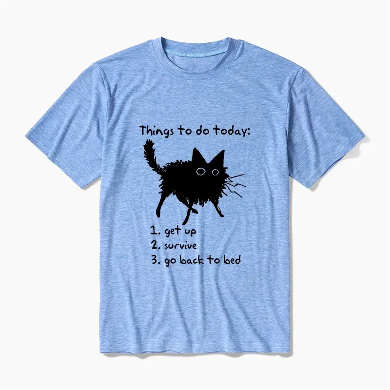 Kyoto-Lion Lazy Cat Survive Day Funny Meme Cotton Blend T-Shirt