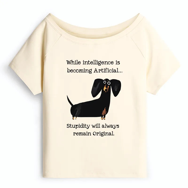 Kyoto-Lion Dachshund Real Humor Funny Meme Off Shoulder T-Shirt