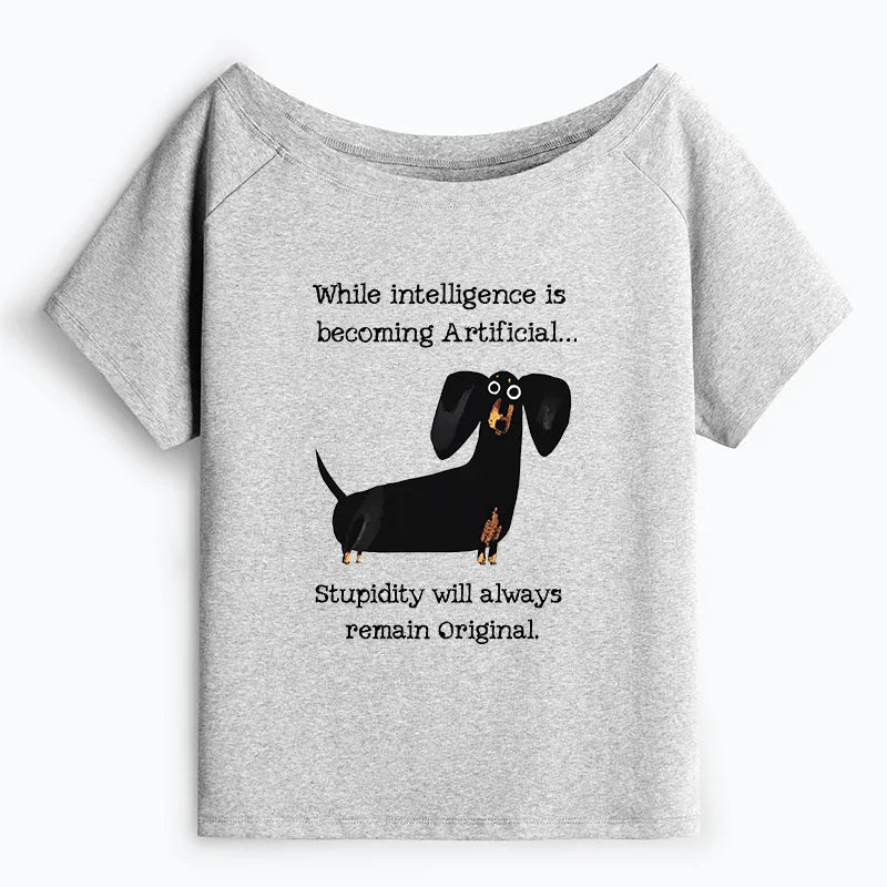 Kyoto-Lion Dachshund Real Humor Funny Meme Off Shoulder T-Shirt