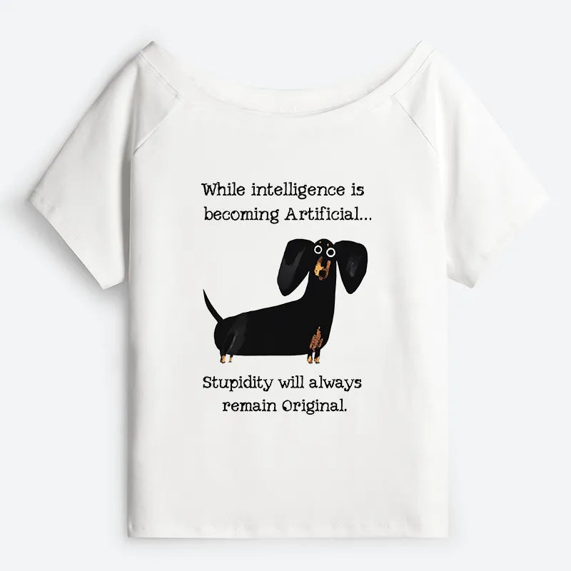 Kyoto-Lion Dachshund Real Humor Funny Meme Off Shoulder T-Shirt