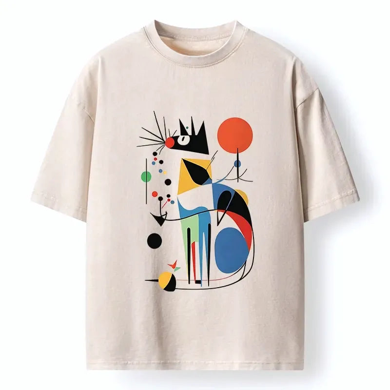 Kyoto-Lion Abstract Colorful Cat Art Washed T-Shirt
