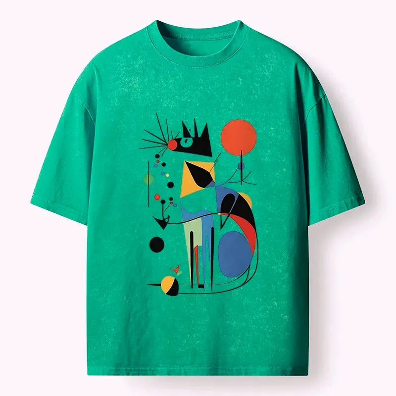Kyoto-Lion Abstract Colorful Cat Art Washed T-Shirt