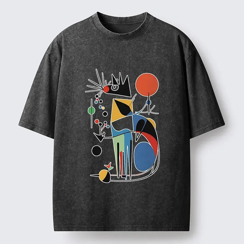Kyoto-Lion Abstract Colorful Cat Art Washed T-Shirt