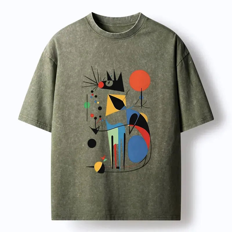 Kyoto-Lion Abstract Colorful Cat Art Washed T-Shirt