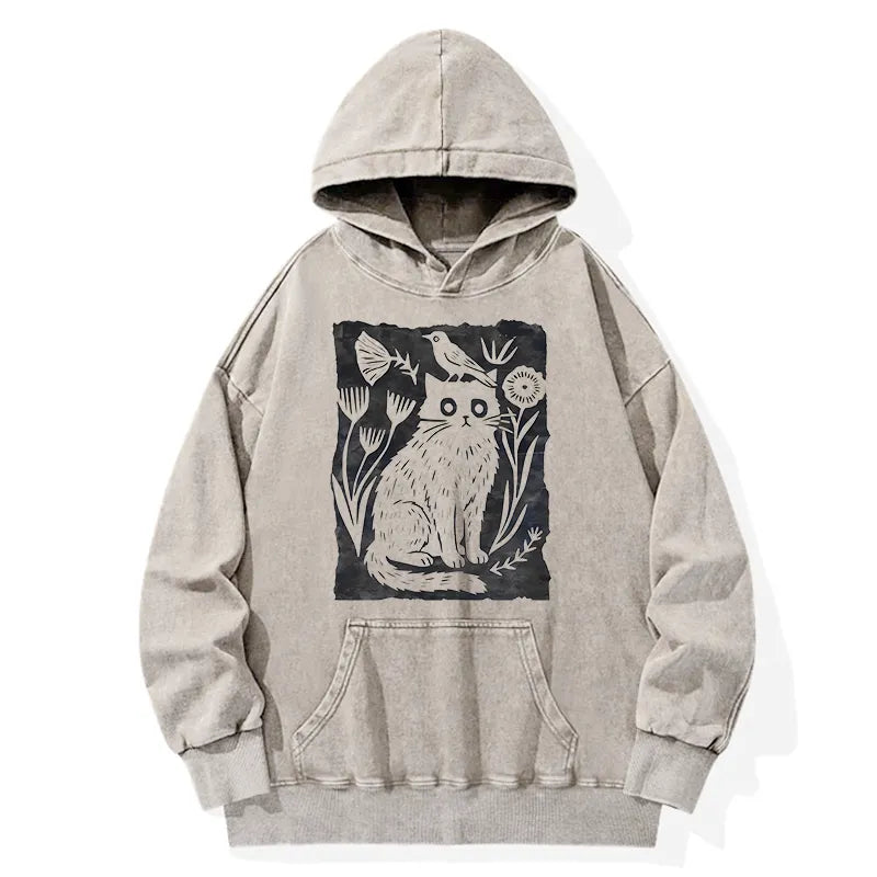 Kyoto-Lion Folk Paper Cut Cat Bird Floral Art Washed Hoodie