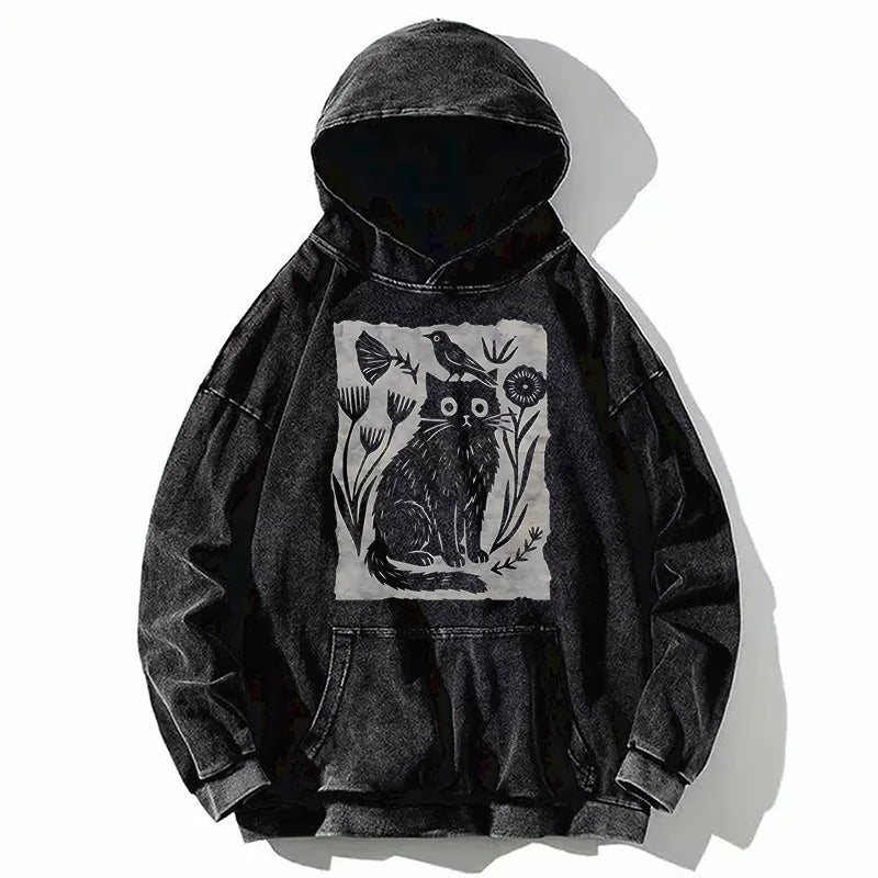 Kyoto-Lion Folk Paper Cut Cat Bird Floral Art Washed Hoodie