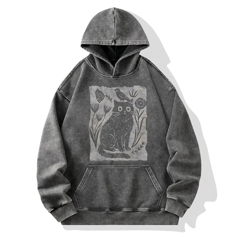 Kyoto-Lion Folk Paper Cut Cat Bird Floral Art Washed Hoodie