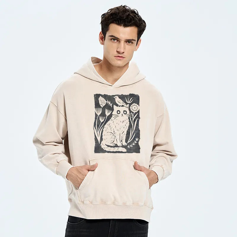 Kyoto-Lion Folk Paper Cut Cat Bird Floral Art Washed Hoodie