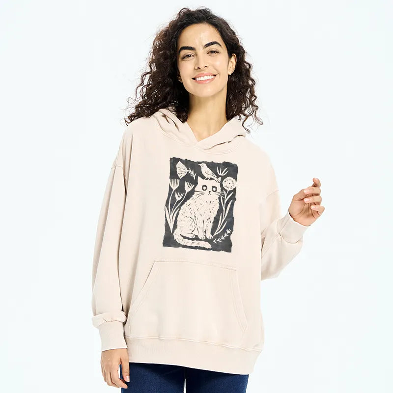 Kyoto-Lion Folk Paper Cut Cat Bird Floral Art Washed Hoodie