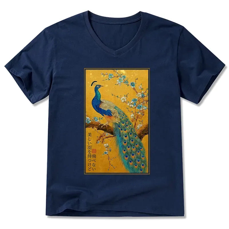 Kyoto-Lion The Peacock's Silent Elegance V-Neck Classic T-Shirt