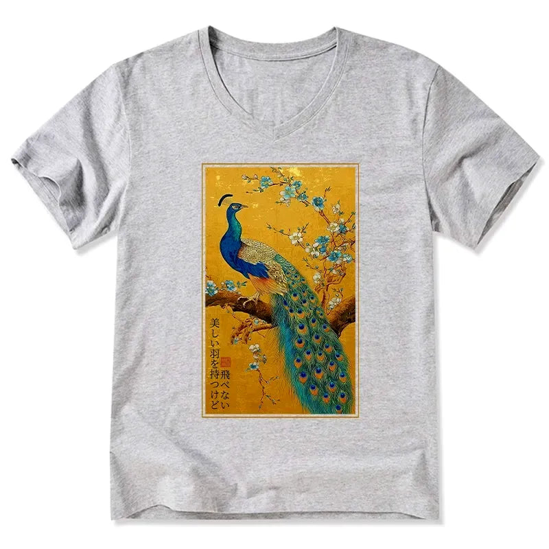 Kyoto-Lion The Peacock's Silent Elegance V-Neck Classic T-Shirt