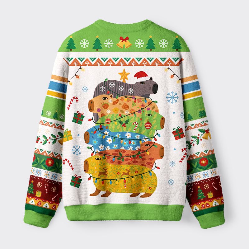 Kyoto-Lion Colorful Capybaras Fuzzy Christmas Ugly Sweatshirt