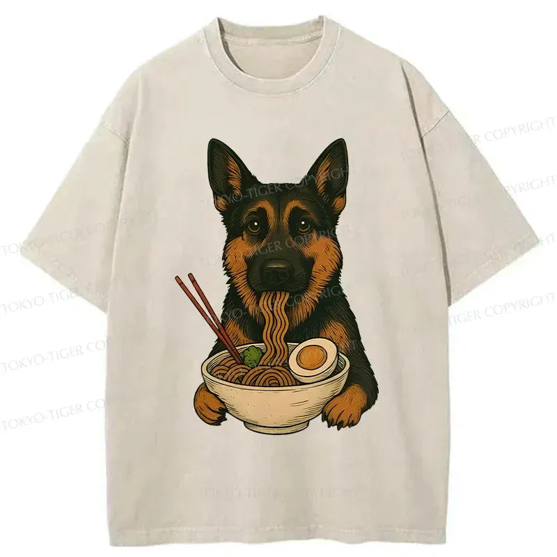 Kyoto-Lion German Shepherd Eating Ramen Washed T-Shirt