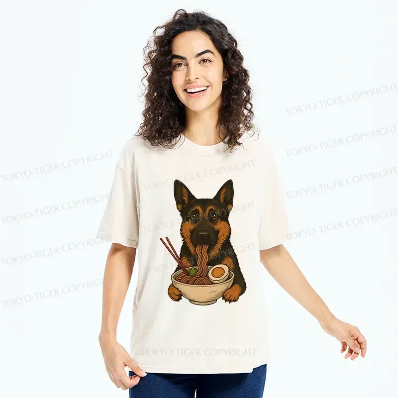 Kyoto-Lion German Shepherd Eating Ramen Washed T-Shirt