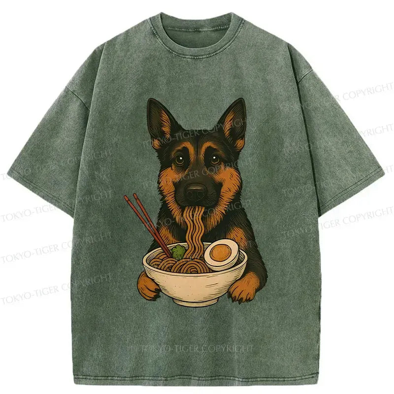 Kyoto-Lion German Shepherd Eating Ramen Washed T-Shirt