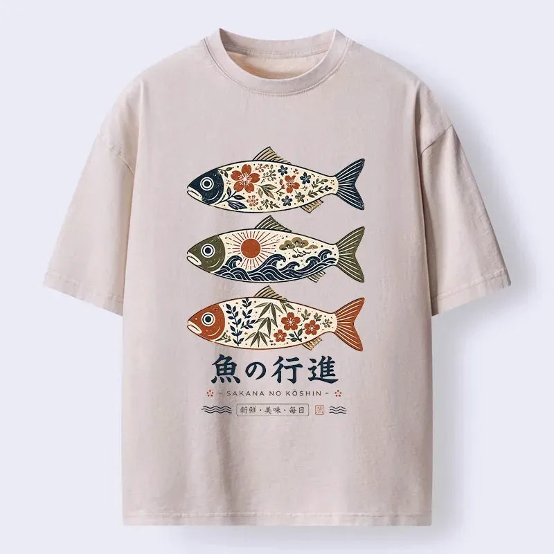 Washed Unisex T-Shirt with Fish Print