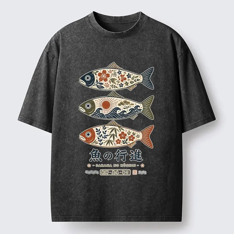 Kyoto-Lion Sakura Waves Decorate Three Fish Washed T-Shirt