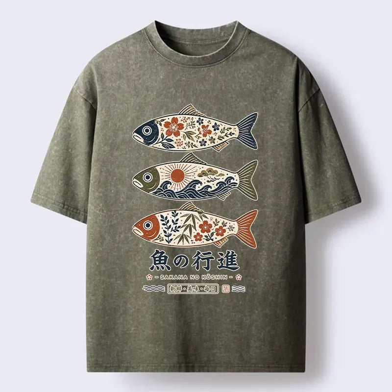 Washed Unisex T-Shirt with Fish Print