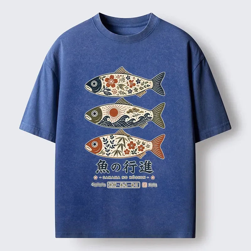 Kyoto-Lion Sakura Waves Decorate Three Fish Washed T-Shirt