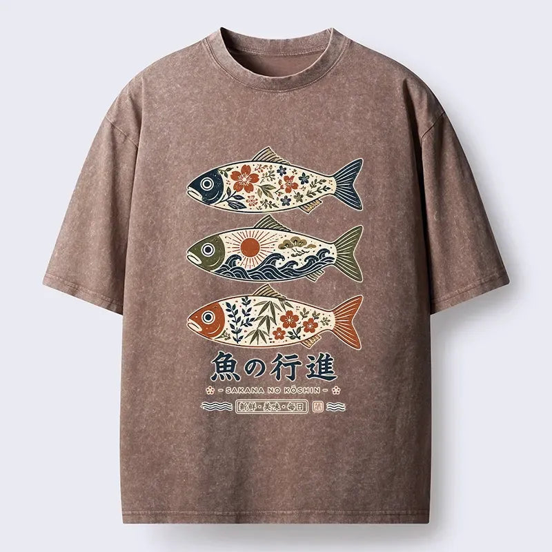 Kyoto-Lion Sakura Waves Decorate Three Fish Washed T-Shirt