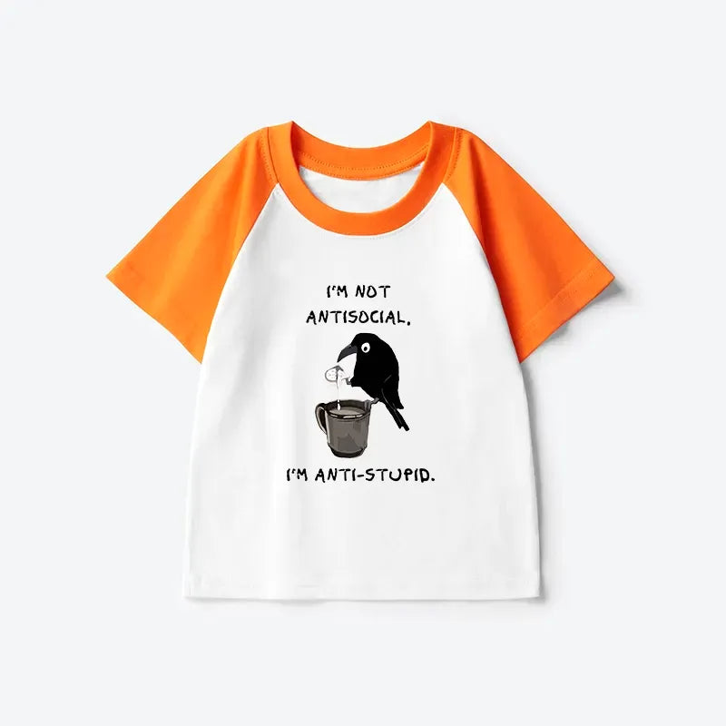 Kyoto-Lion Cool Crow Sips Calm Coffee Alone Kids Raglan T-shirt