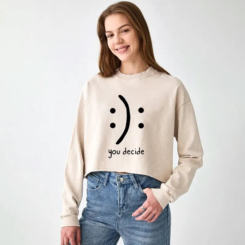 Kyoto-Lion Laugh Or Sad Washed Crop Sweatshirt