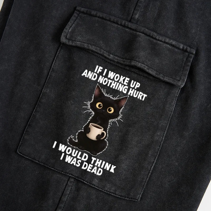 Kyoto-Lion Funny Cute Black Cat And Coffee Meme Washed Utility Sweatpants