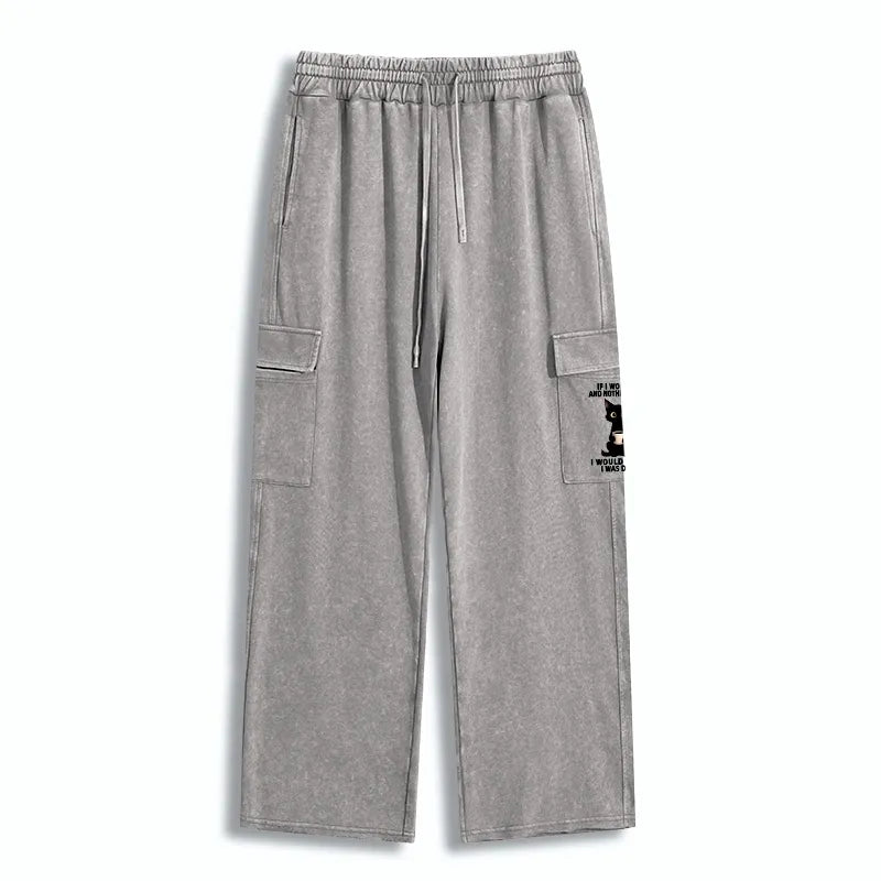 Kyoto-Lion Funny Cute Black Cat And Coffee Meme Washed Utility Sweatpants