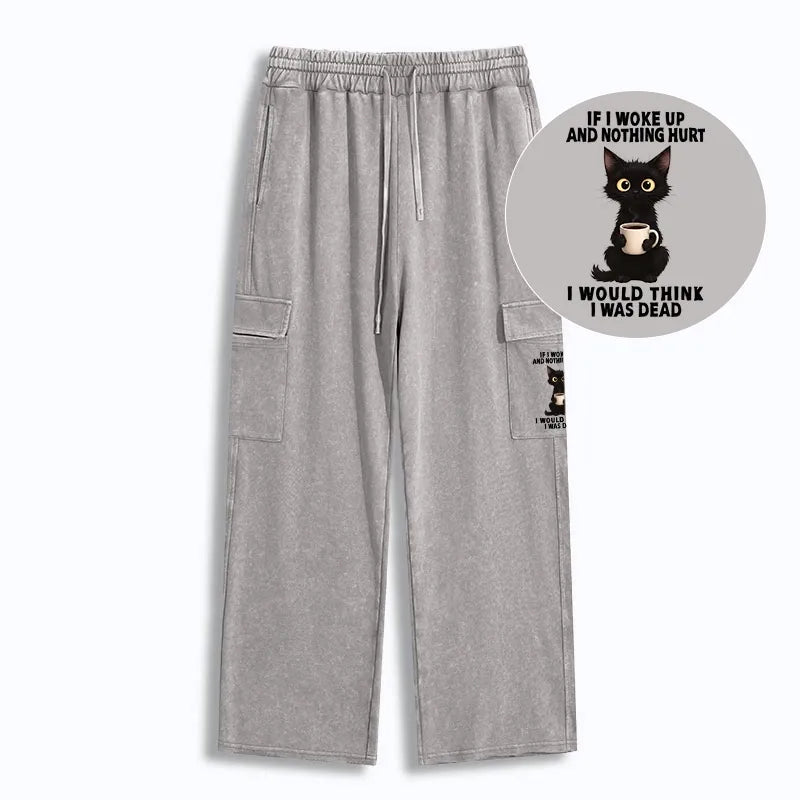 Kyoto-Lion Funny Cute Black Cat And Coffee Meme Washed Utility Sweatpants