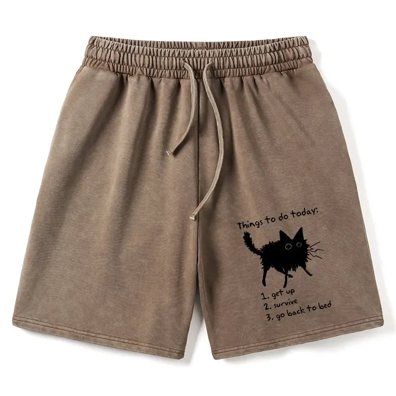 Kyoto-Lion Lazy Cat Survive Day Funny Meme Washed Shorts