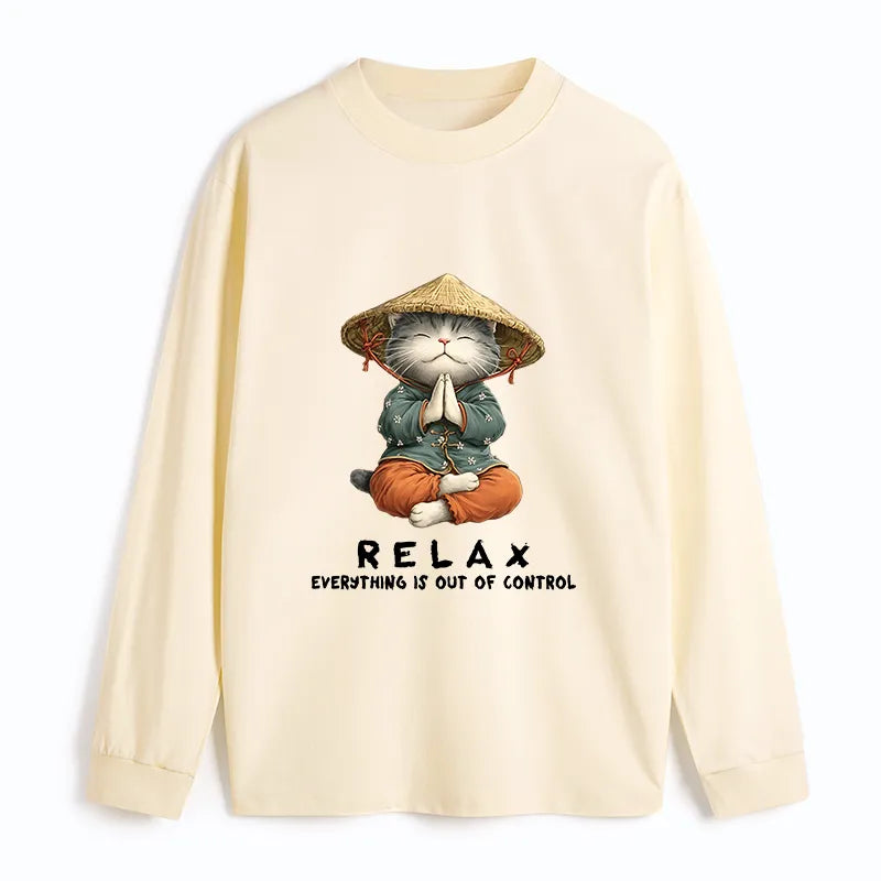 Kyoto-Lion Zen Relax Cat Graphic Classic Long Sleeve T-Shirt