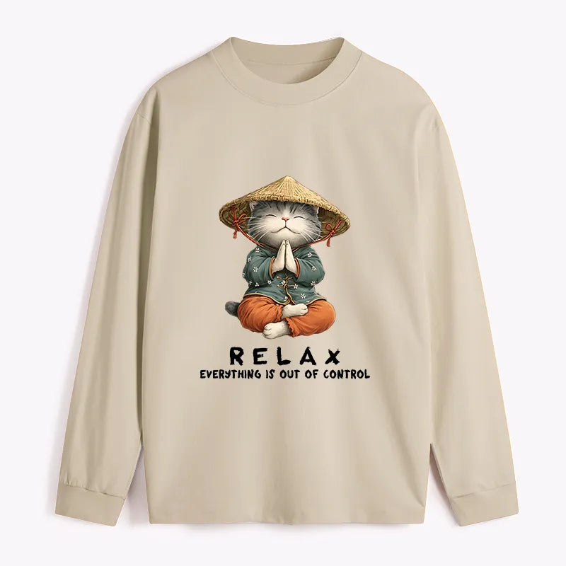 Kyoto-Lion Zen Relax Cat Graphic Classic Long Sleeve T-Shirt