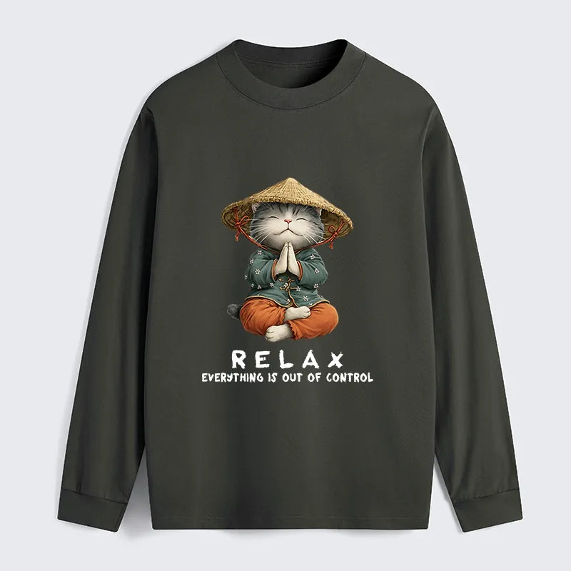 Kyoto-Lion Zen Relax Cat Graphic Classic Long Sleeve T-Shirt