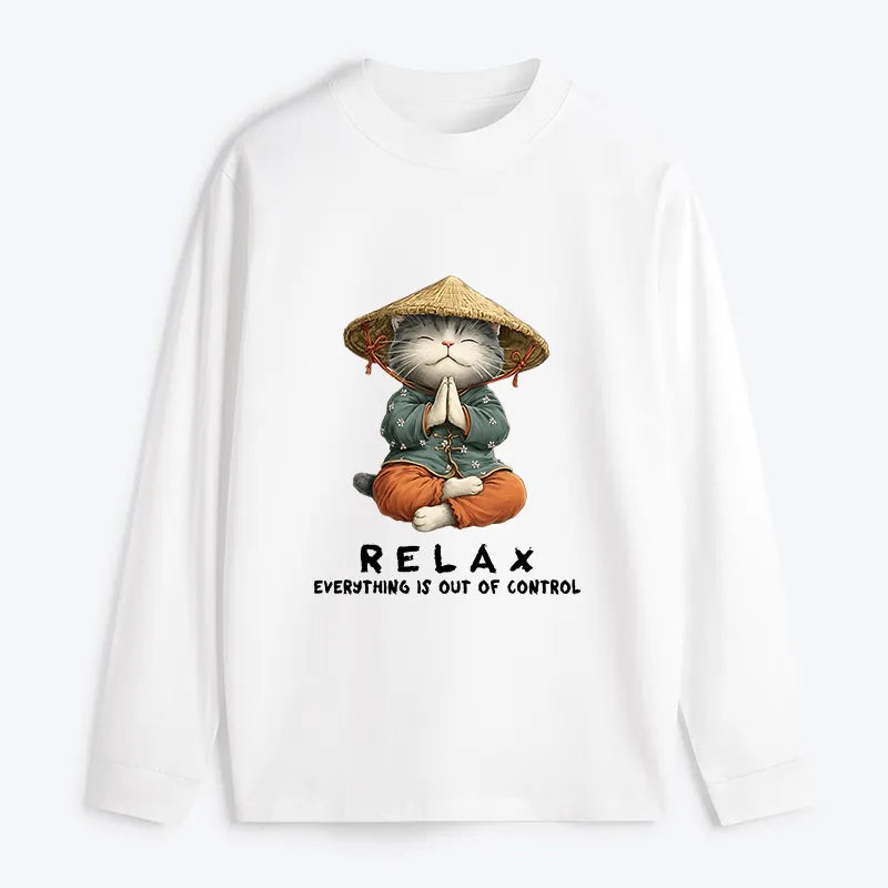 Kyoto-Lion Zen Relax Cat Graphic Classic Long Sleeve T-Shirt