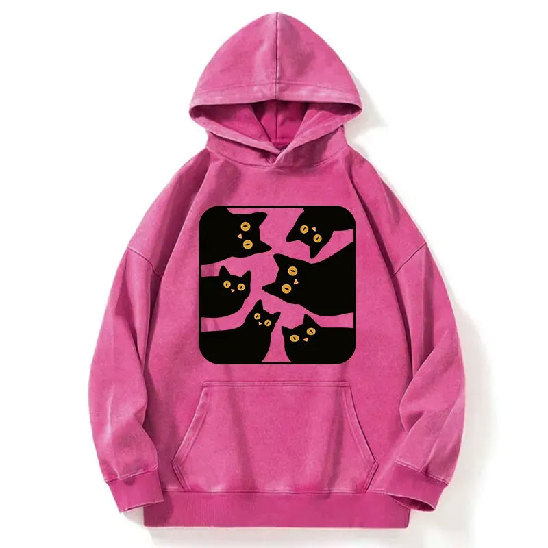 Washed Japanese Cat Hoodie for Daily Wear
