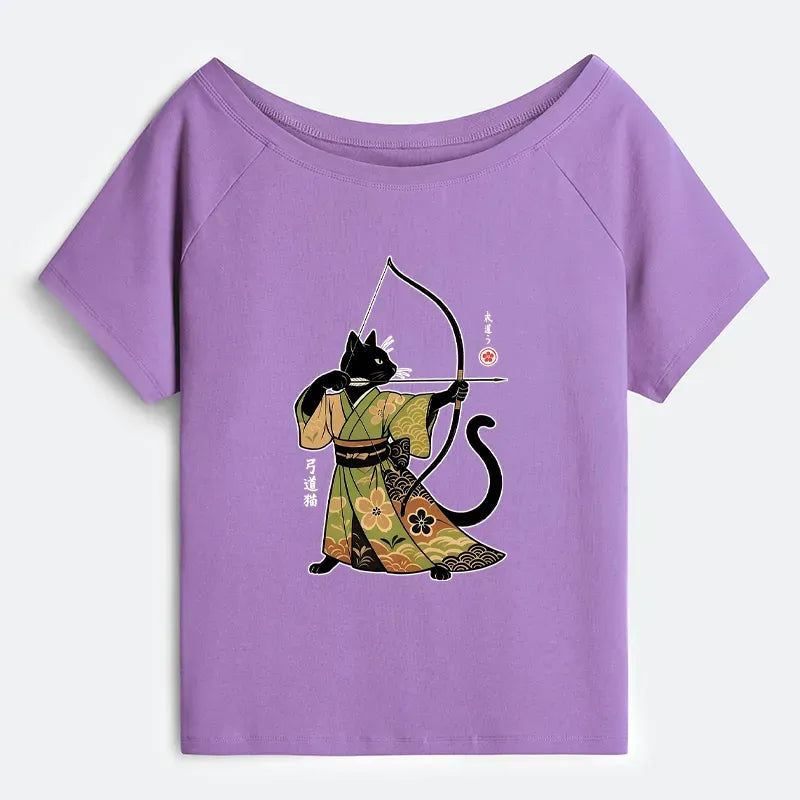 Kyoto-Lion Japan Cat Archery Off Shoulder T-Shirt