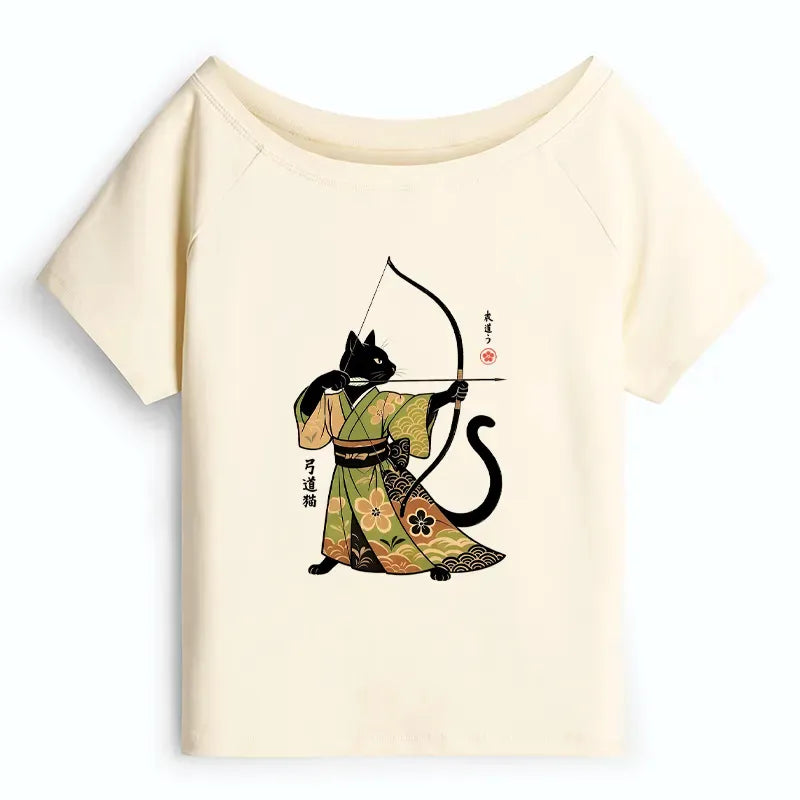 Kyoto-Lion Japan Cat Archery Off Shoulder T-Shirt